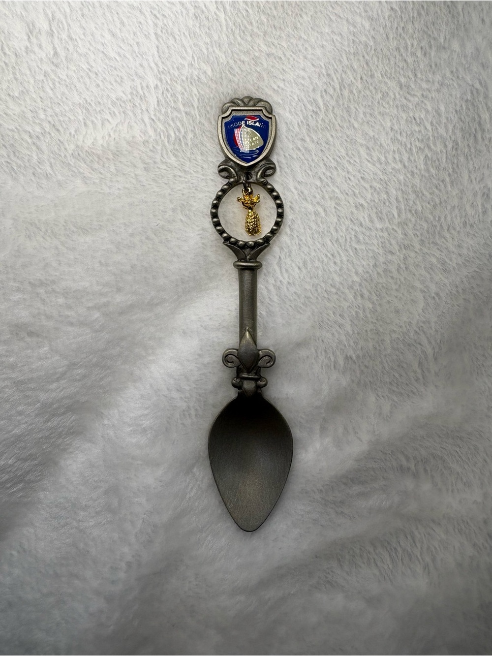 Collectible Metal Souvenir Spoon with Blue Shield & Pineapple Charm